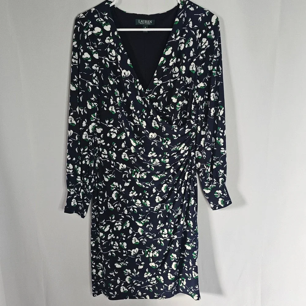 Lauren Ralph Lauren Women's Floral‎ Print Long Sleeve Navy Blue Dress Size 8